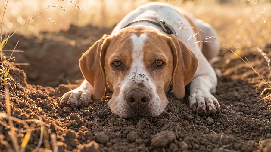 Photo of a dog resting in the dirt