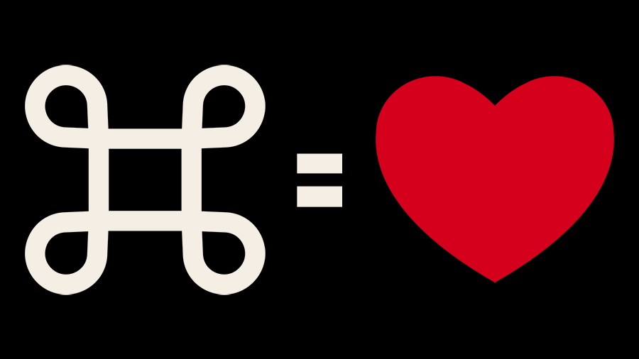 Command key and red heart over black background