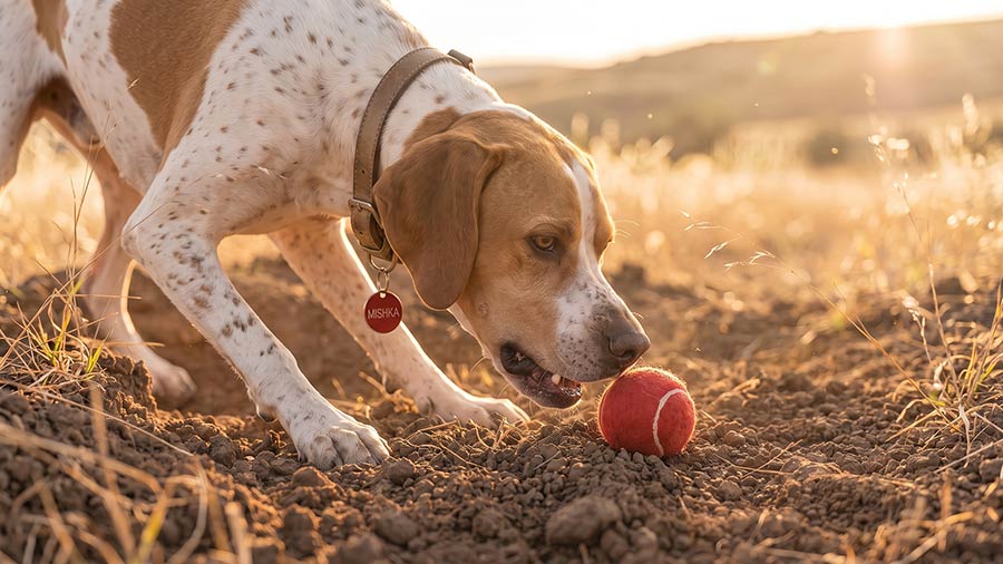Photo of a dog picking up a red tennis ball in a field on a sunny day