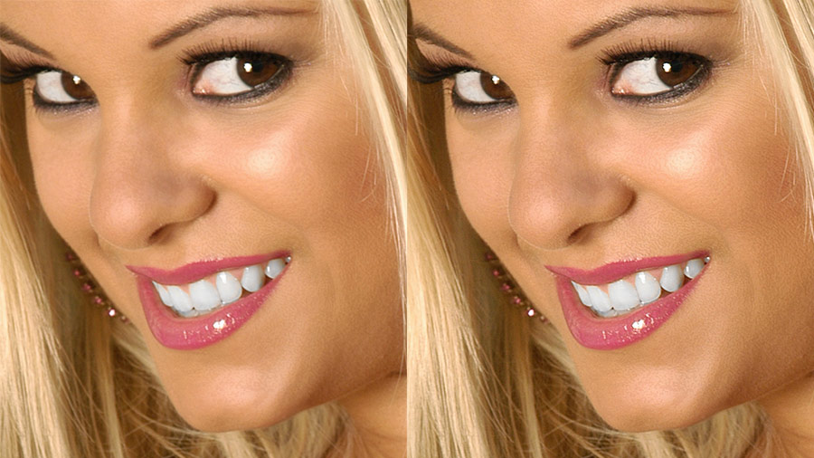 Before and after of unsharp mask on a photo of a woman