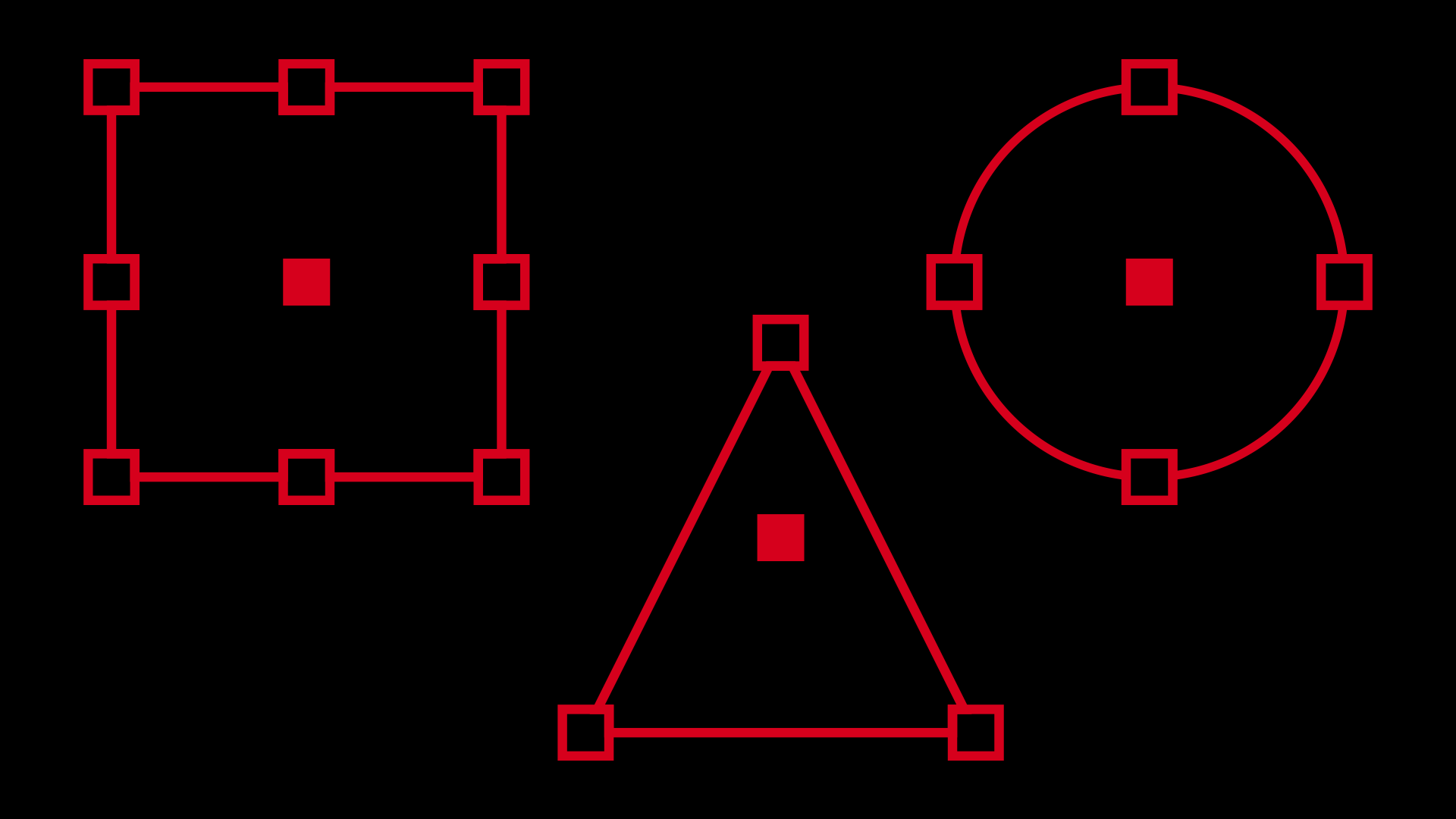 Red square, triangle, and circle as vector objects over black background