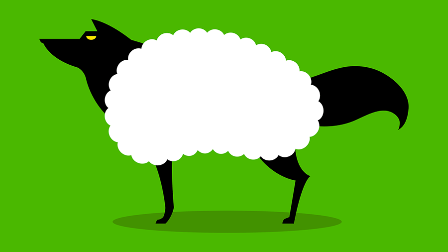 Illustration of a wolf in sheep's clothing over green background